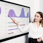 Businesswoman presenting data on a large digital screen in a modern office setting.
