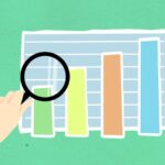 Illustration of a hand using a magnifying glass over a colorful bar chart on green background.