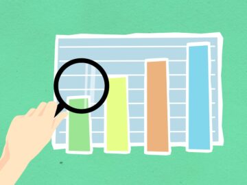 Illustration of a hand using a magnifying glass over a colorful bar chart on green background.