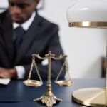 A professional lawyer working at his desk with scales of justice symbolizing fairness and law competence.