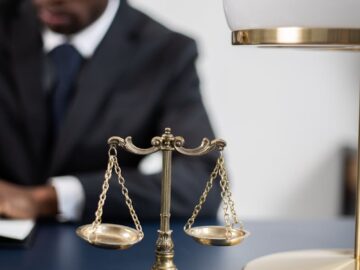 A professional lawyer working at his desk with scales of justice symbolizing fairness and law competence.