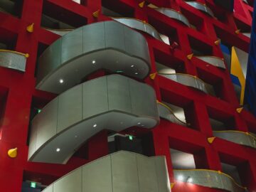 Stunning low angle view of a modern, geometric interior with bold design elements.