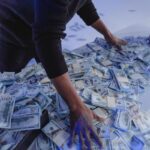 Adult man organizing a massive pile of US dollar bills indoors in dynamic lighting.