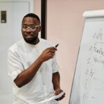 Man presenting at whiteboard in an office, explaining concepts with confidence.