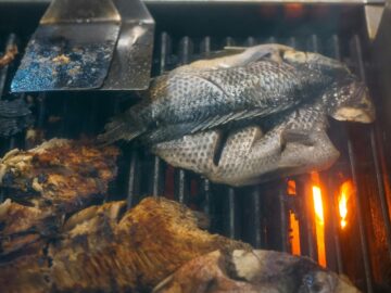 Closeup of fresh tilapia fish being grilled on a charcoal grill, perfect for seafood lovers.