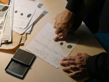 Detailed view of fingerprint analysis on a desk with ink pad and documents, ideal for forensic themes.