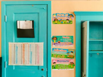Vibrant kindergarten wall with educational posters and blue door.