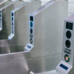 Close-up of a contemporary subway turnstile in a station. Modern design and functionality.