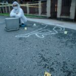 A forensic investigator examines a crime scene with evidence markers on a street.
