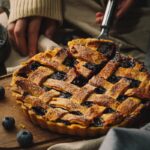 Delicious homemade blueberry pie on a wooden board, showcasing an elegant lattice crust, perfect for dessert lovers.