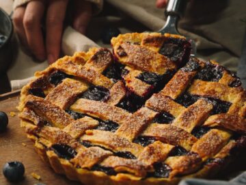 Delicious homemade blueberry pie on a wooden board, showcasing an elegant lattice crust, perfect for dessert lovers.