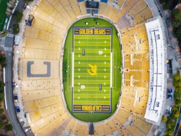 High angle shot of California Memorial Stadium in Berkeley, home of the Golden Bears.