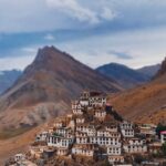 Aerial view of the Key Monastery nestled in the rugged Spiti Valley, Himachal Pradesh, India.