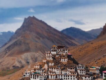 Aerial view of the Key Monastery nestled in the rugged Spiti Valley, Himachal Pradesh, India.