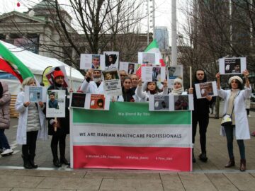 Protest by Iranian healthcare professionals in Vancouver for human rights and freedom.