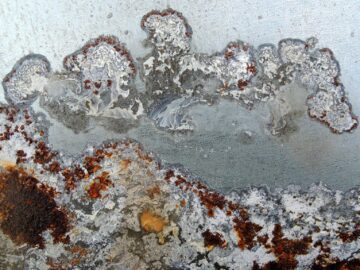 Detailed image showing corrosion and rust on an old metal surface, highlighting texture.