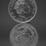 Close-up of two British two-pound coins in silver on a gray background, highlighting intricate designs.