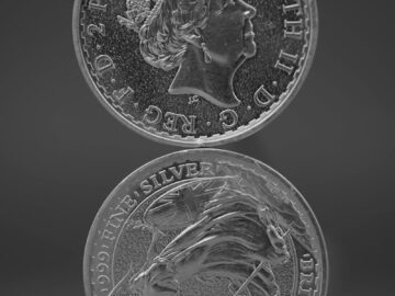 Close-up of two British two-pound coins in silver on a gray background, highlighting intricate designs.