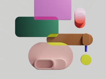 Colorful abstract 3D shapes arranged on a soft gray background, evoking modern art.