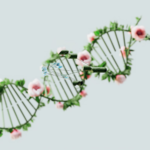 A conceptual representation of a DNA helix adorned with pink flowers and green leaves.