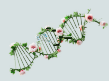 A conceptual representation of a DNA helix adorned with pink flowers and green leaves.