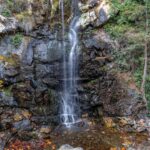 A tranquil waterfall cascading over rugged rocks surrounded by lush greenery and autumn leaves.