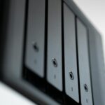 Detailed view of a black data storage unit highlighting modern technology and data management.