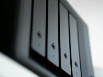 Detailed view of a black data storage unit highlighting modern technology and data management.