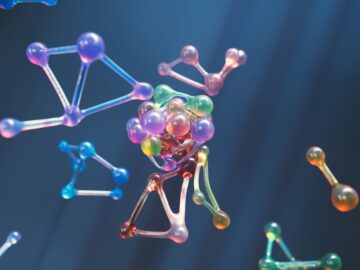 Colorful abstract representation of molecular structures with 3D spheres and connections.