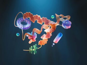 A 3D illustration of a colorful abstract molecular structure on a dark background.