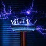 A Tesla coil producing powerful electric arcs in a dark setting.