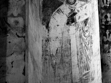 Black and white image of an ancient religious fresco in Van, Türkiye.