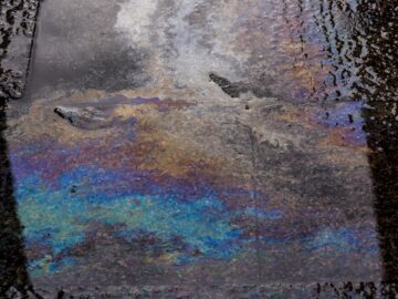 Rainbow-like oil spill pattern on wet asphalt creates vivid color display.