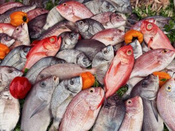 Colorful assortment of fresh fish and vegetables at a bustling market.
