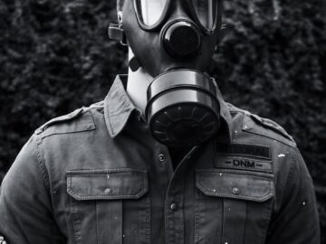 Black and white faceless male in rubber gas mask and casual shirt standing against blurred foliage