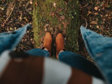 High angle view of brown shoes standing on a moss-covered log in a forest, perfect for adventure themes.