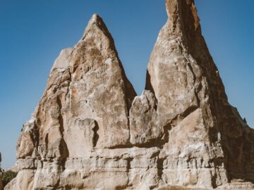 Vertical shot of limestone rock formations under a clear blue sky, showcasing geological features and natural beauty.