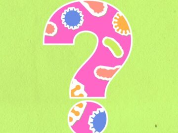 Overhead view of cardboard applique representing interrogative symbol with bacilli and infectious agents on green background