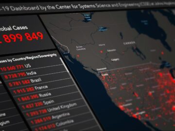 Digital monitor with World map and COVID 19 statistical data of global confirmed cases