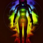 Human silhouette with vibrant chakra energy projection, symbolizing balance and spirituality.