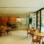A bright and spacious cafeteria with wooden furniture and large glass windows.
