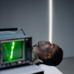 Conceptual studio portrait of a man lying beside an active oscilloscope, creating a unique visual composition.