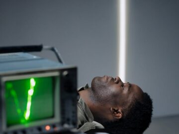 Conceptual studio portrait of a man lying beside an active oscilloscope, creating a unique visual composition.