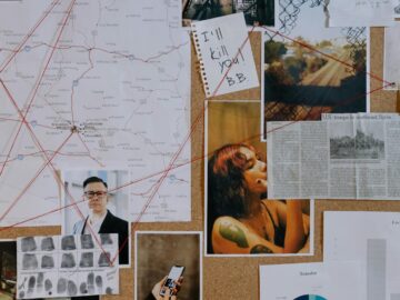 A detailed crime investigation board with photos, maps, and red threads used for connecting clues.