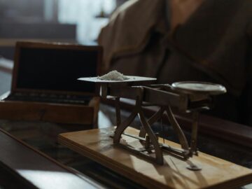 Classic vintage weighing scale with a small heap of white powder placed indoors on a wooden surface.