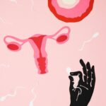 Abstract representation of fertilization with sperm, egg, and hand on pink backdrop.