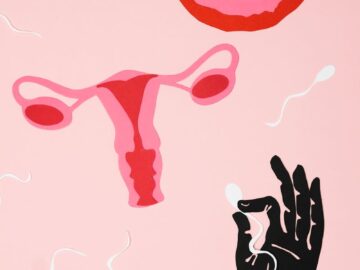 Abstract representation of fertilization with sperm, egg, and hand on pink backdrop.