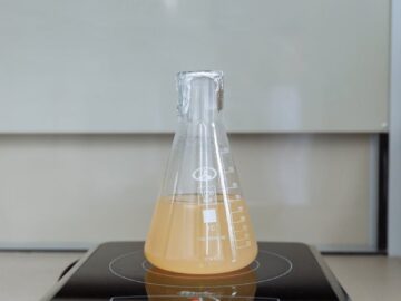 An Erlenmeyer flask with liquid on a magnetic stirrer in a lab setting.