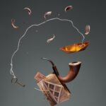 Surreal floating composition with pipe, key, petals, and origami against a gray background.