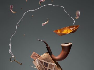 Surreal floating composition with pipe, key, petals, and origami against a gray background.